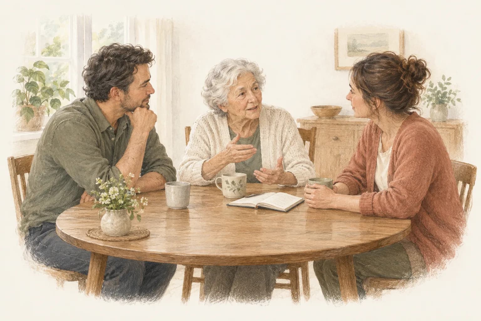 Une femme âgée discute de son quotidien avec un proche et une personne qui l'accompagne, autour de sa table de cuisine.