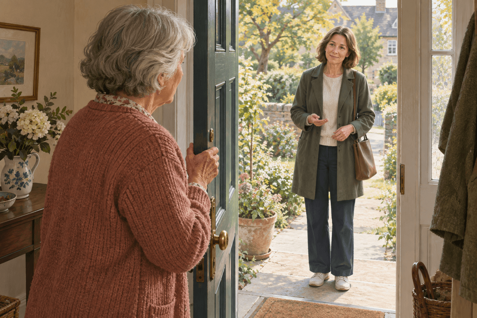 Depuis l’intérieur du logement, on voit une personne attendre devant la porte d’entrée ouverte.