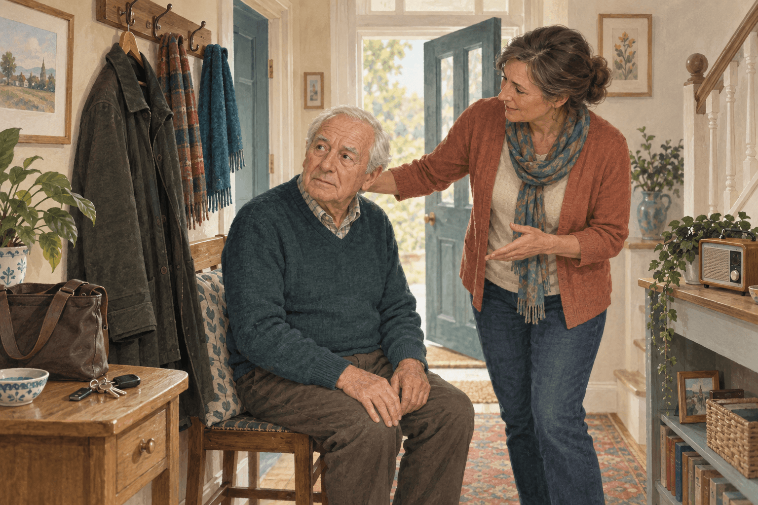 Un homme âgé est assis près d’un manteau, de deux écharpes, d’un sac et de clés, tandis qu’une personne lui parle. Une radio se trouve à proximité.