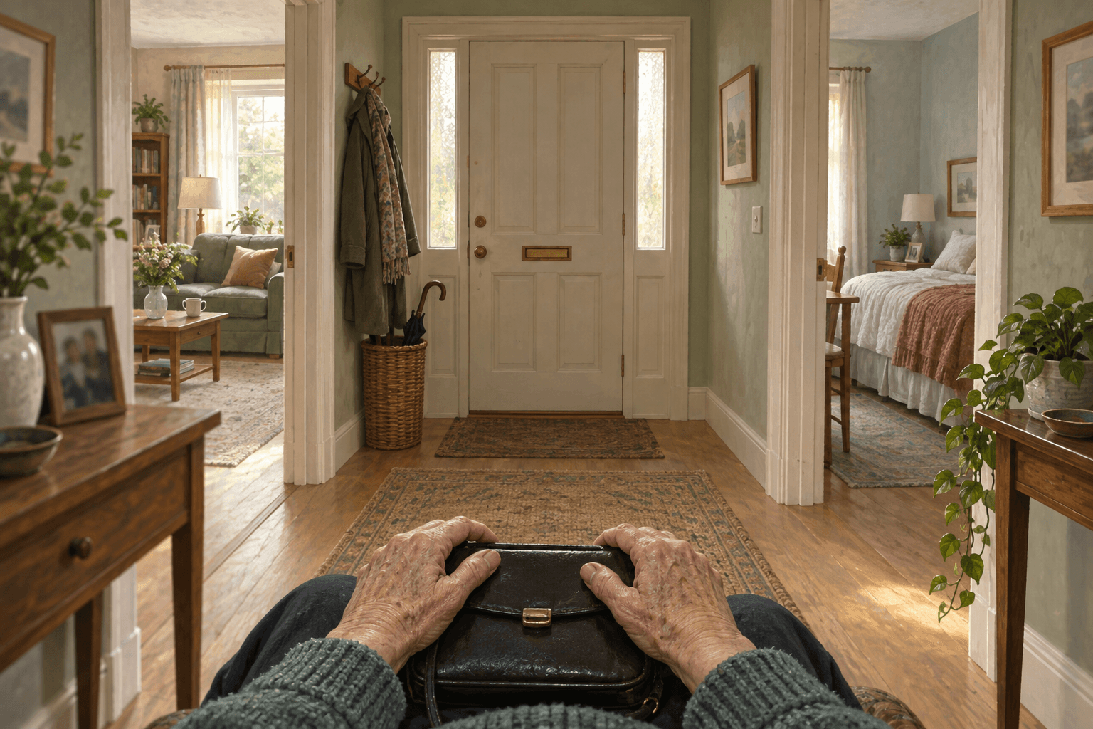 Vue depuis un fauteuil vers un couloir et une porte d’entrée fermée, avec un sac à main tenu au premier plan.